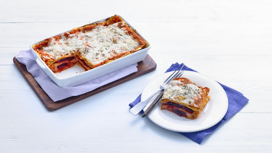 Lasagne van biet, pompoen en geitenkaas