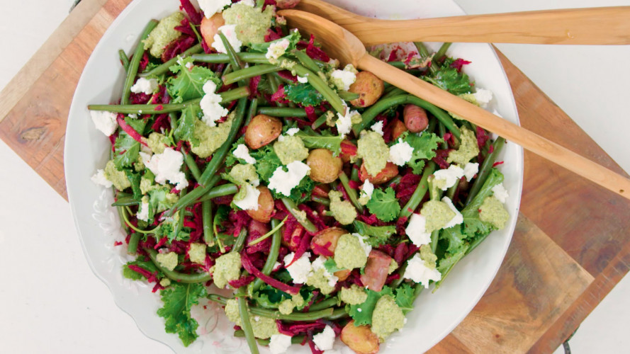 Wintersalade met krieltjes, biet en pesto van pistache