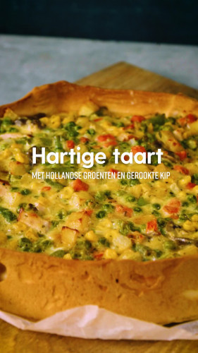 Hartige taart met Hollandse groenten en gerookte kip