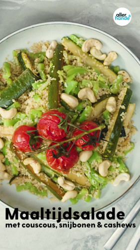 Volkorencouscoussalade met snijbonen en cashewnoten