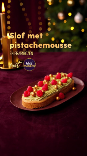Slof met pistachemousse en frambozen